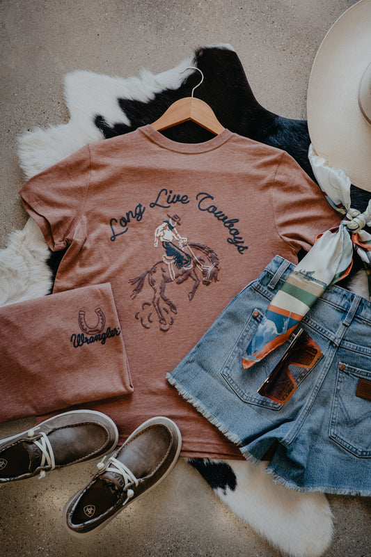 'Burnt Sienna' Women's Long Live Cowboys Bucking Horse T-Shirt (XS-XXL)