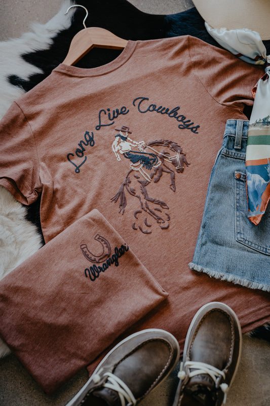 'Burnt Sienna' Women's Long Live Cowboys Bucking Horse T-Shirt (XS-XXL)