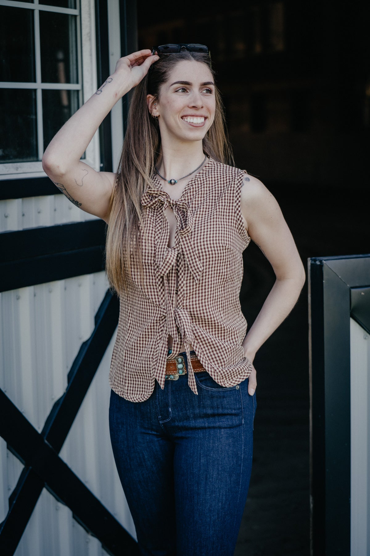 'Tori' Brown Checkerboard Plaid Front Tie Vest (S-XL)