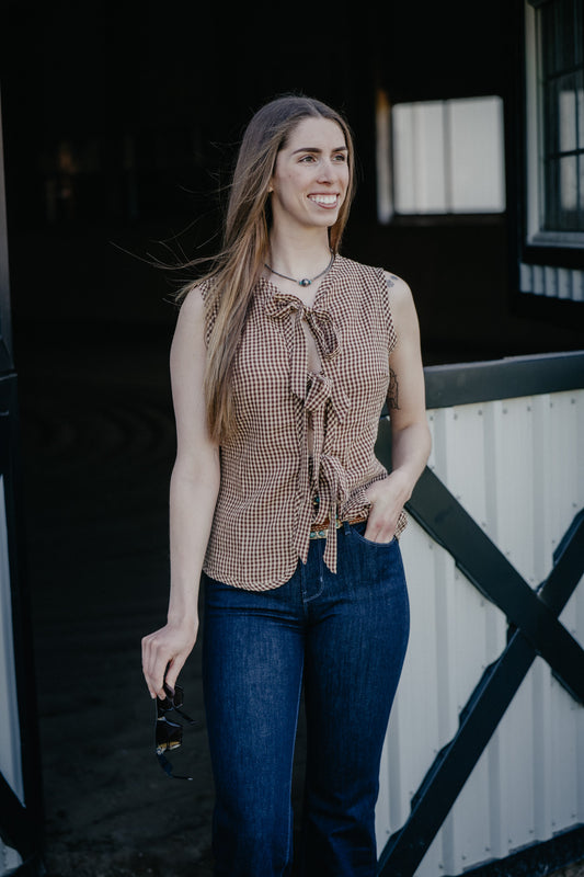 'Tori' Brown Checkerboard Plaid Front Tie Vest (S-XL)
