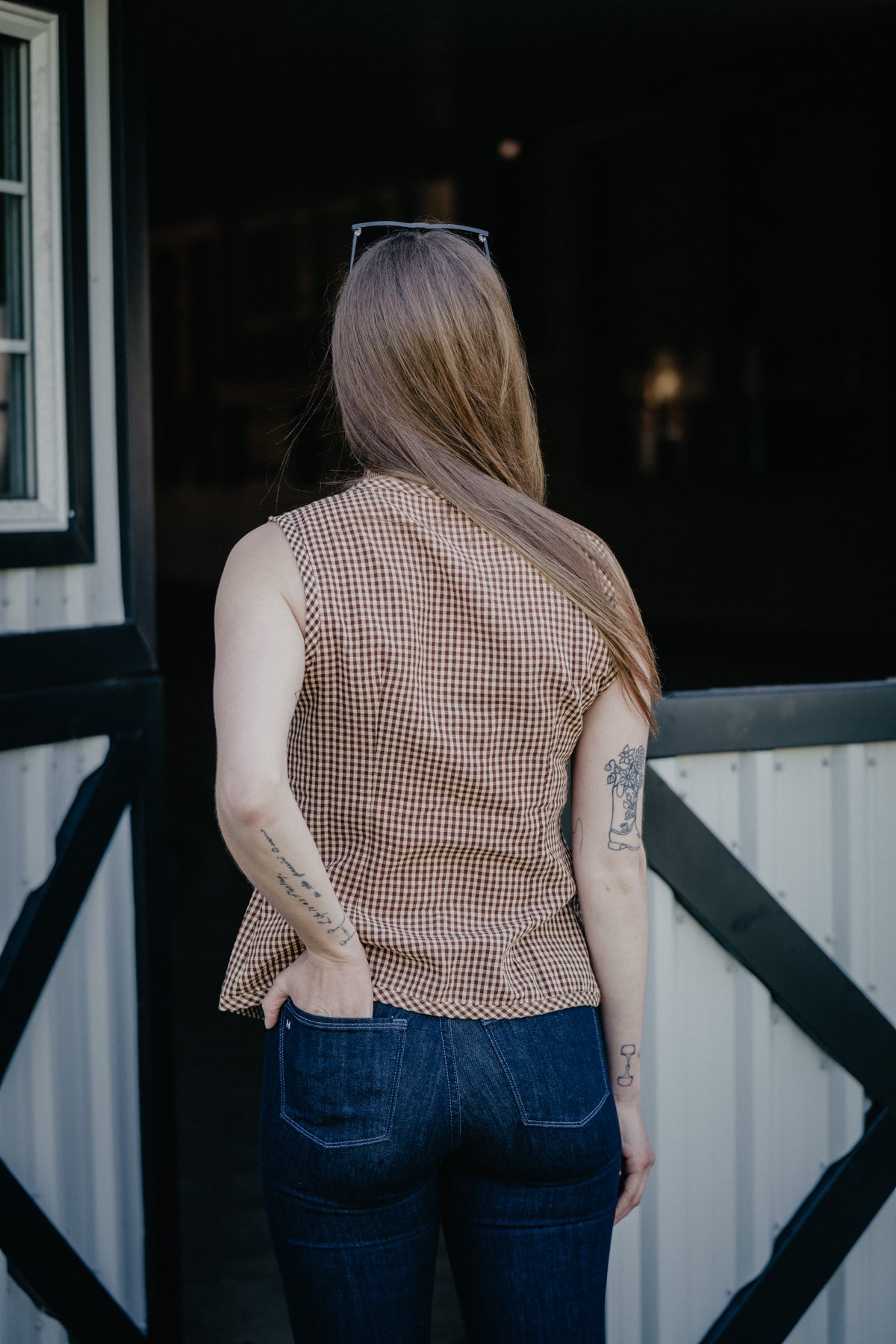 'Tori' Brown Checkerboard Plaid Front Tie Vest (S-XL)