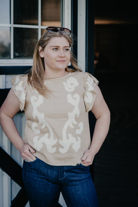 'Carmen' Women's Camel & Ivory Ruffle Sleeve Blouse (S-XXL)