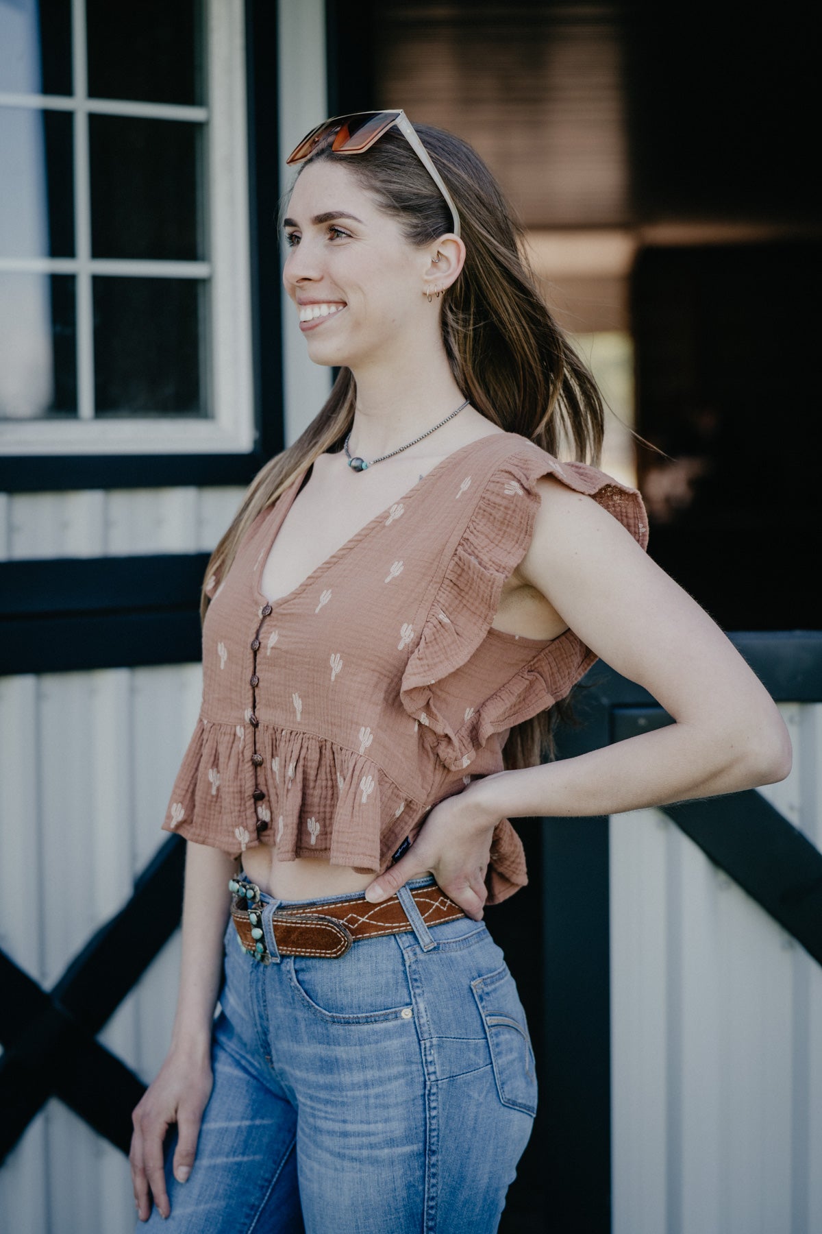 'Casey' Wrangler Women's Gauzey Cactus Cropped Flutter Top (S-XXL)