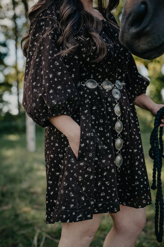 'Harper' Chocolate Brown Floral Corduroy Mini Dress