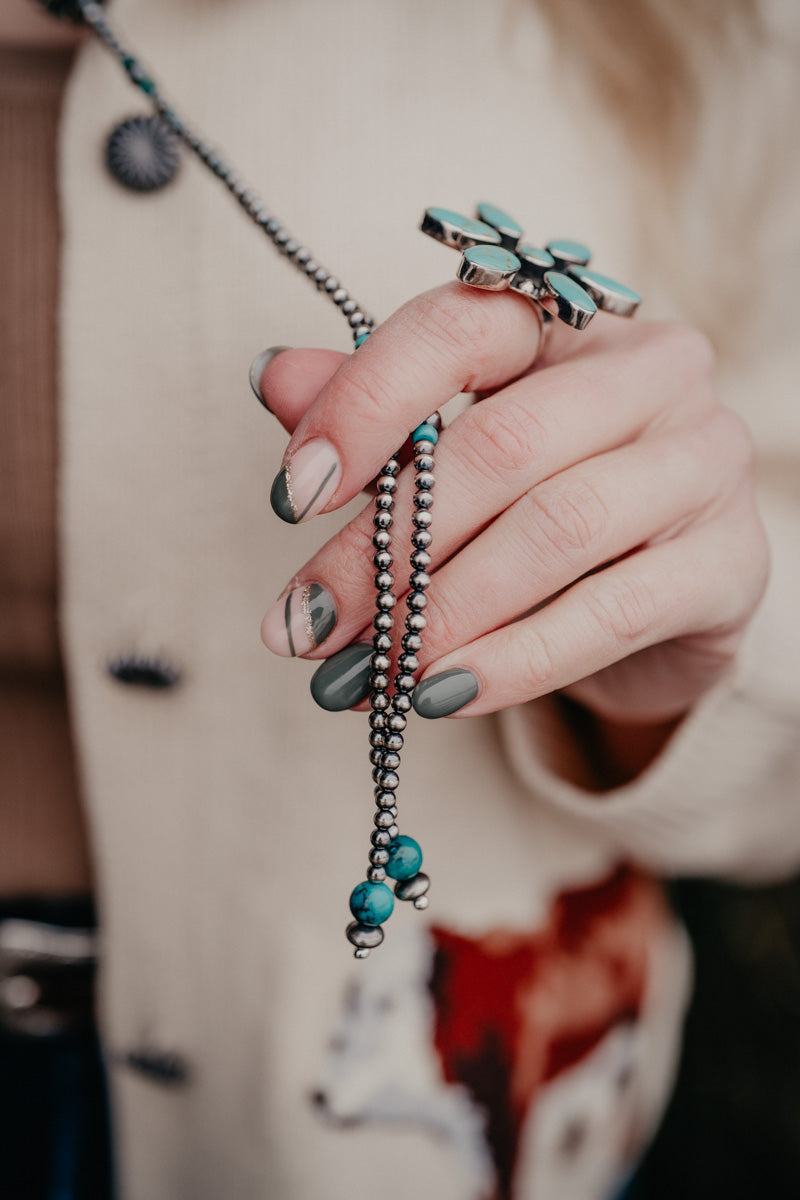 Sterling Silver Navajo Pearl Lariat Necklace with Turquoise Stones