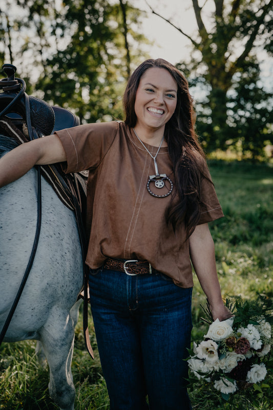 'Aviah' Round Neck A-Line Brown Short Sleeve Blouse