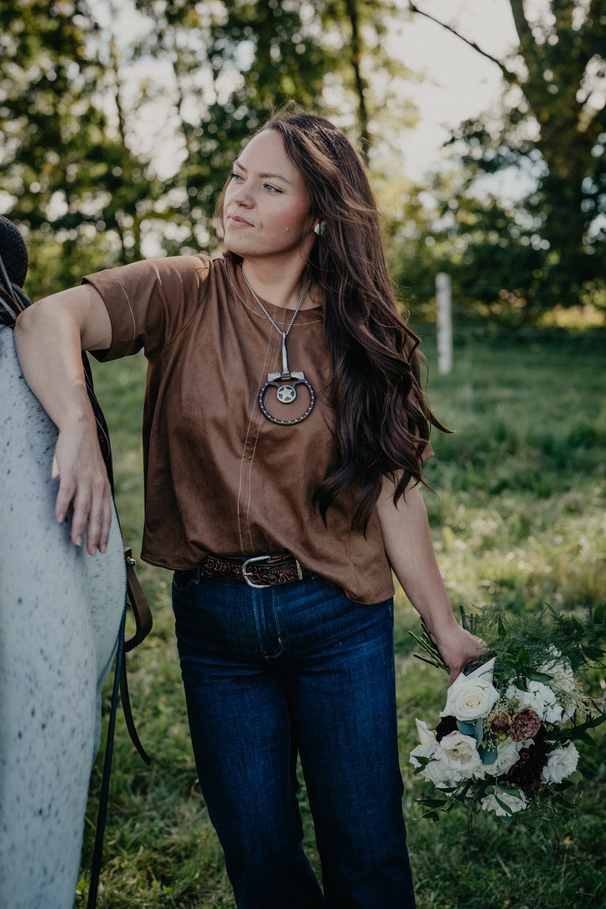 'Aviah' Round Neck A-Line Brown Short Sleeve Blouse