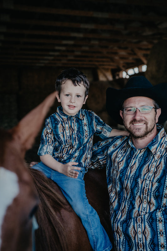 'Tanner' Tan/Teal Aztec Baby / Toddler Long Sleeve Pearl Snap by Wrangler