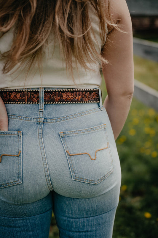 Desert Floral Tooled Leather Belt with Ivory Whipstitch