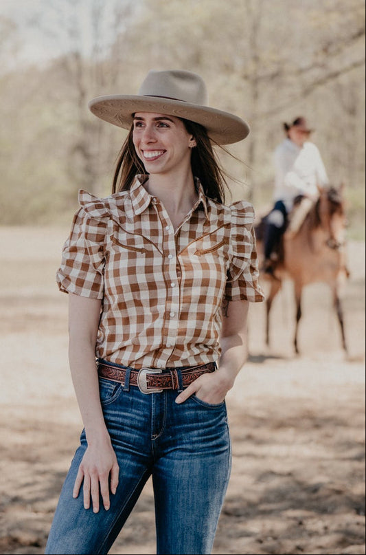 'Carissa' Camel Gingham Pearl Snap Short Sleeve Blouse (S-XL)