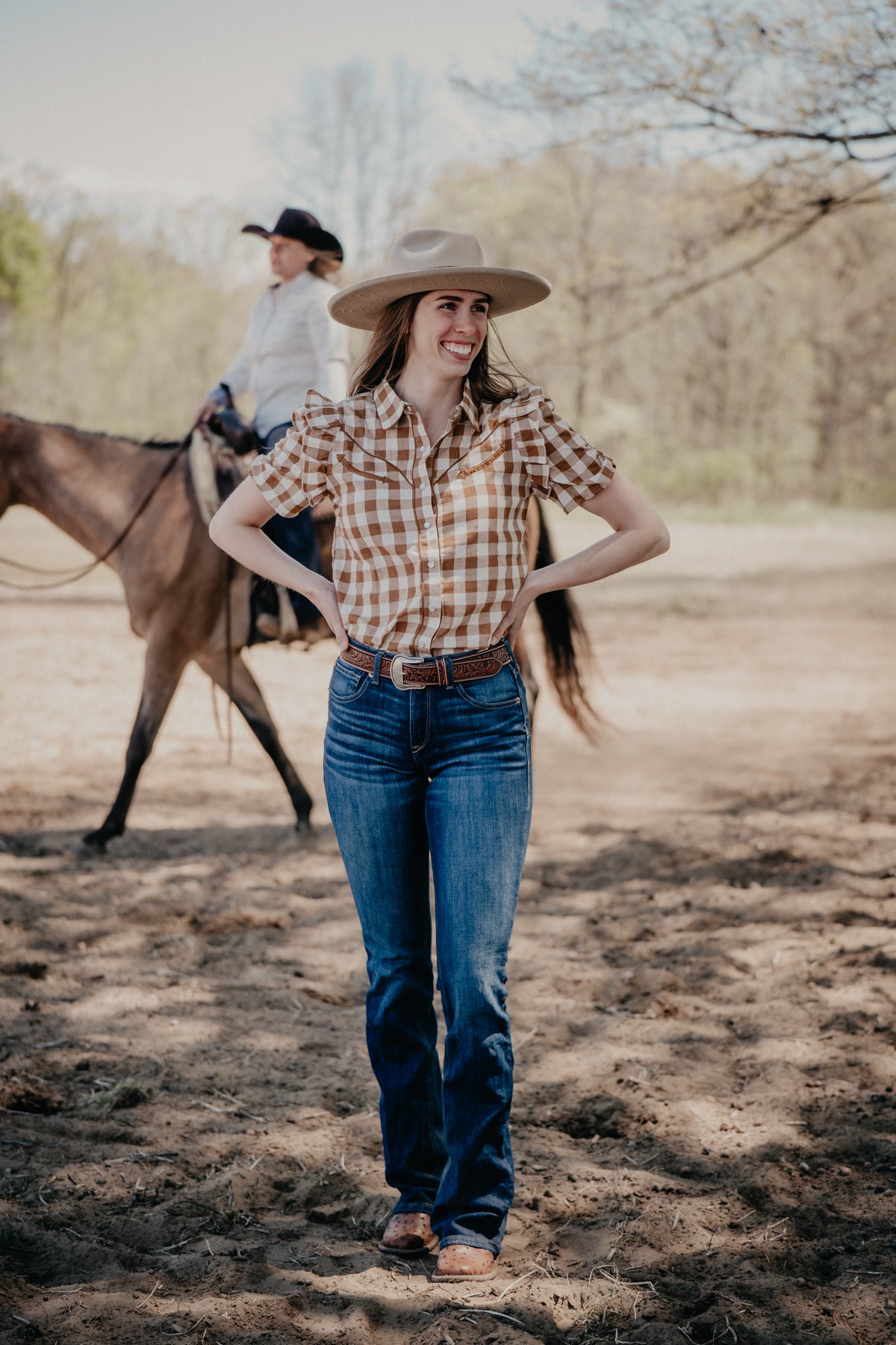 'Carissa' Camel Gingham Pearl Snap Short Sleeve Blouse (S-XL)