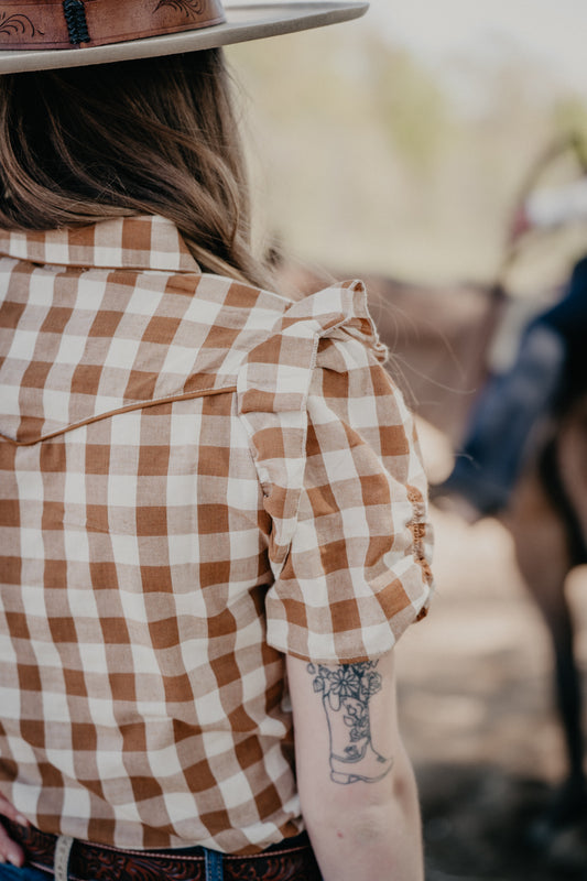 'Carissa' Camel Gingham Pearl Snap Short Sleeve Blouse (S-XL)