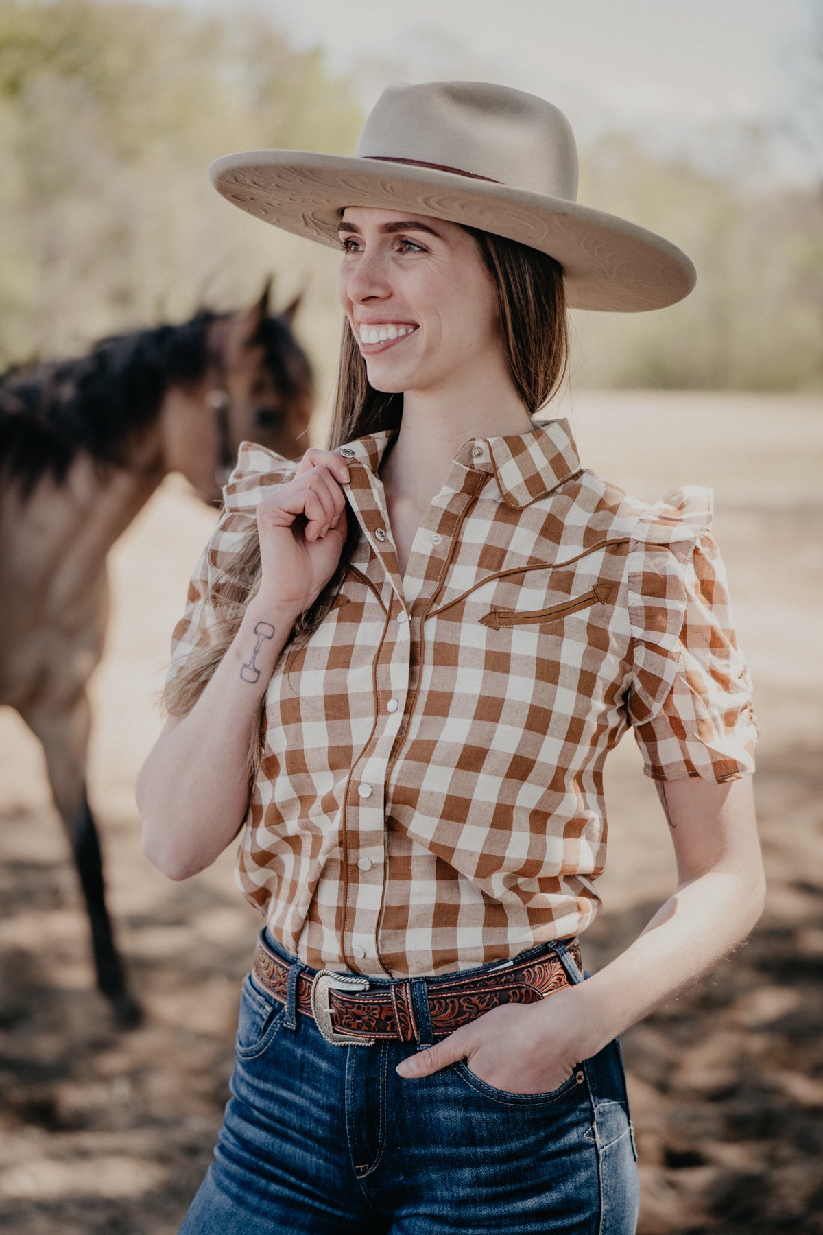 'Carissa' Camel Gingham Pearl Snap Short Sleeve Blouse (S-XL)