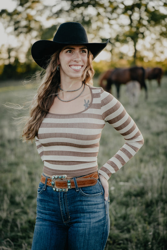 'Janine' Taupe and Ivory Striped Top (S - L)