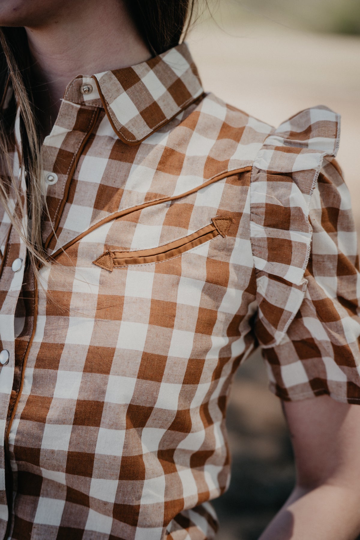 'Carissa' Camel Gingham Pearl Snap Short Sleeve Blouse (S-XL)