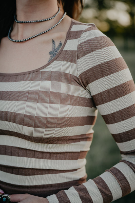 'Janine' Taupe and Ivory Striped Top (S - L)