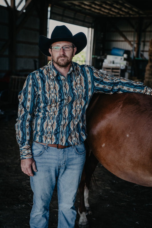 'Charles' Men's Brown/Teal Long Sleeve Checotah Pearl Snap by Wrangler