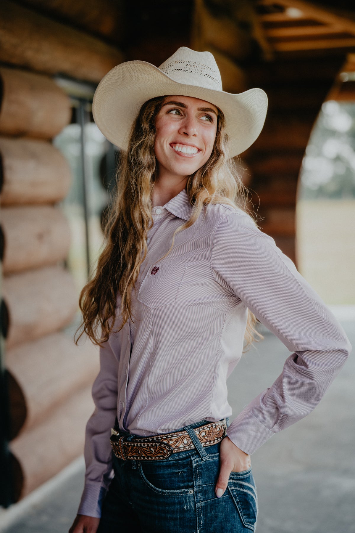 'Tanya' Women's Plum Stripe CINCH Button Down (XS-XXL)