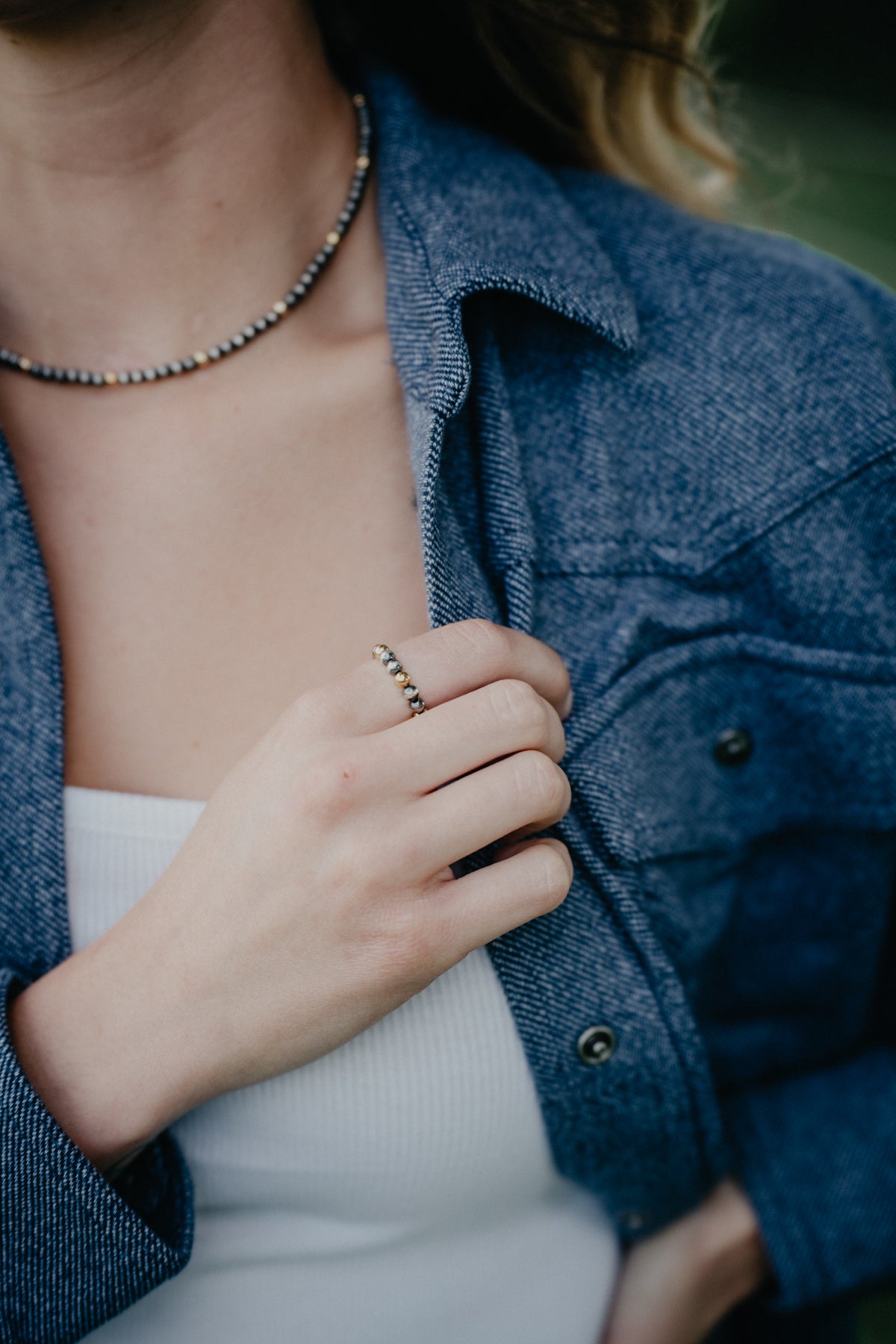 4mm Navajo Pearl Ring with Gold Beaded Accents (Adjustable)
