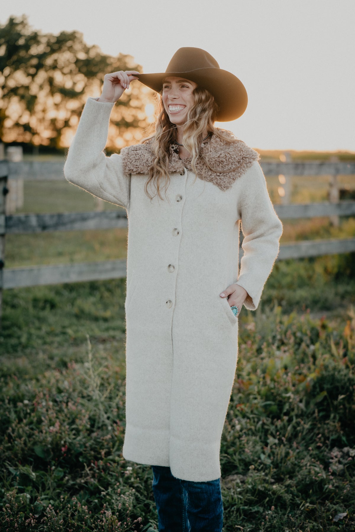 'Dakota' Oatmeal Duster Coat with Faux Fur Oversized Collar (XS-L)