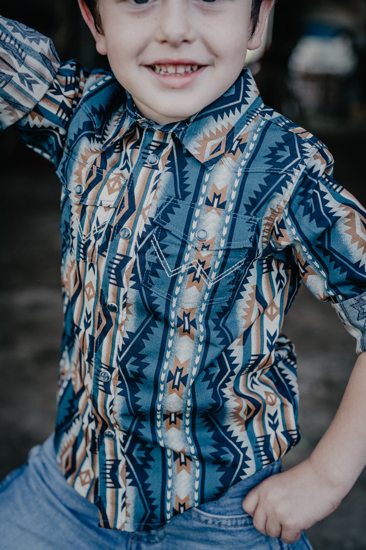 'Tanner' Tan/Teal Aztec Baby / Toddler Long Sleeve Pearl Snap by Wrangler