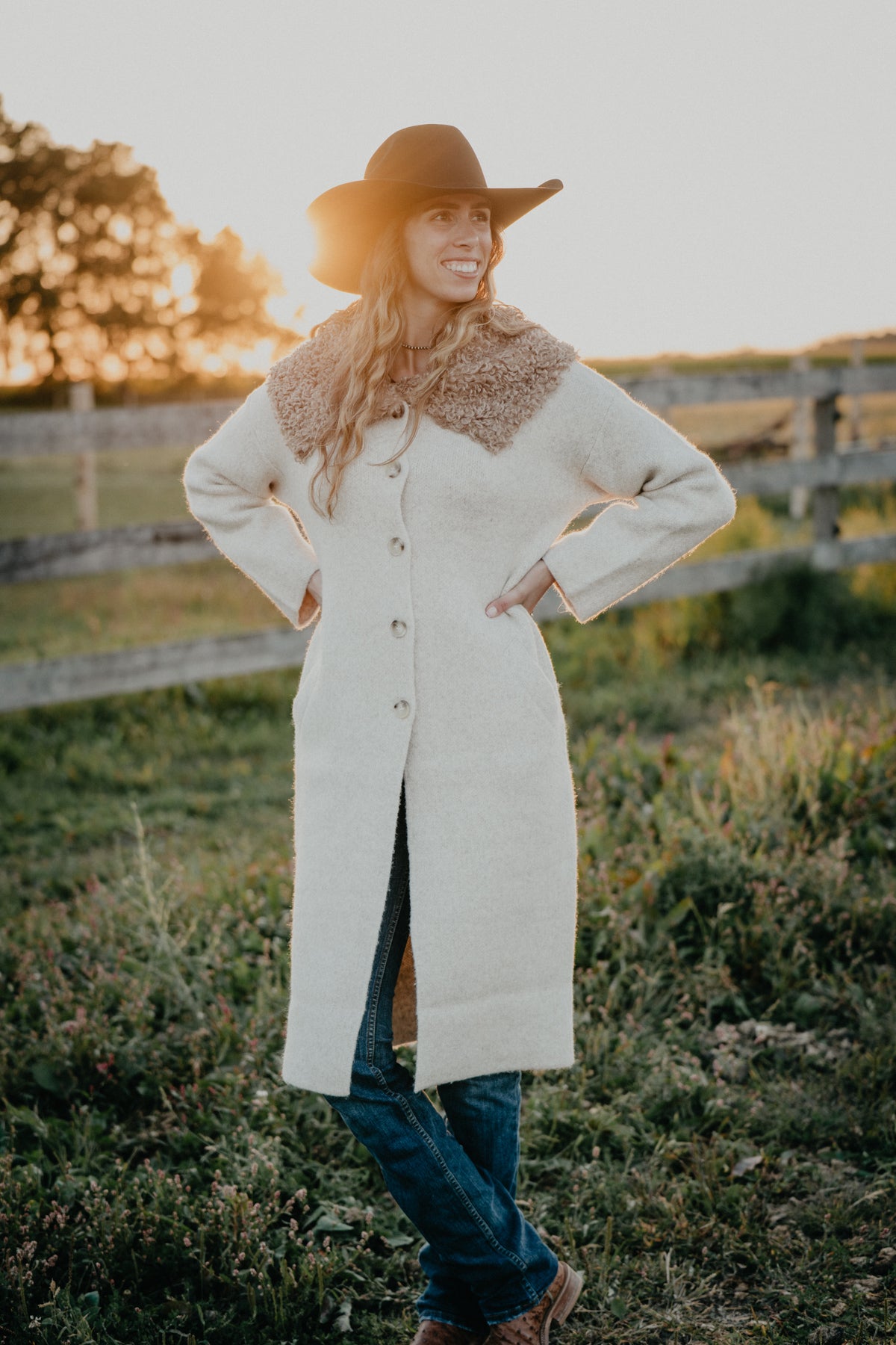 'Dakota' Oatmeal Duster Coat with Faux Fur Oversized Collar (XS-L)