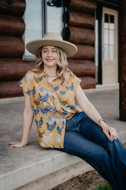 'Martha' Hen Printed Mustard Sleeve Collared Shirt (S - XXL)