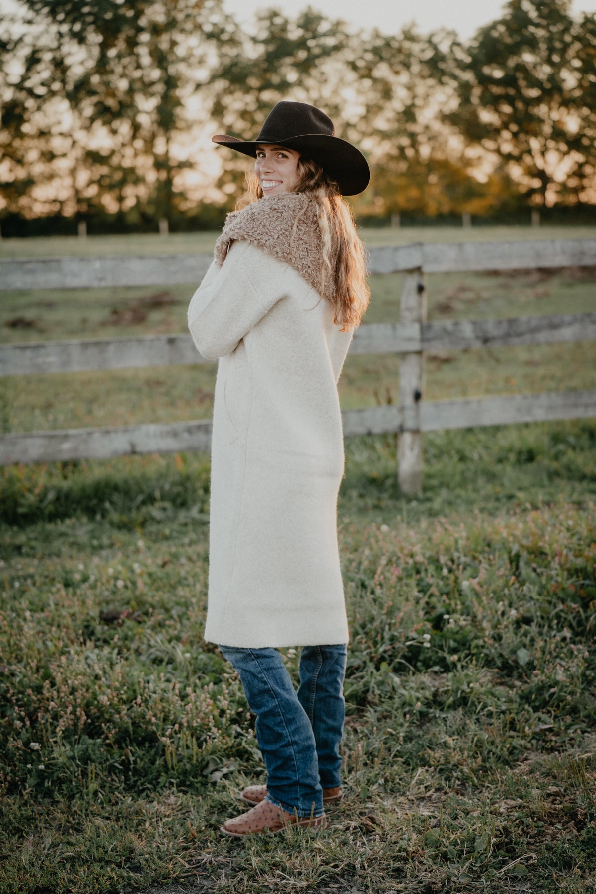 'Dakota' Oatmeal Duster Coat with Faux Fur Oversized Collar (XS-L)