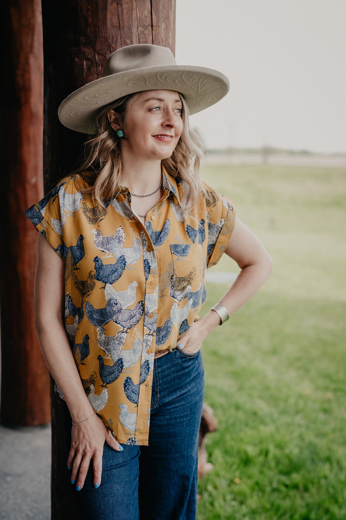 'Martha' Hen Printed Mustard Sleeve Collared Shirt (S - XXL)