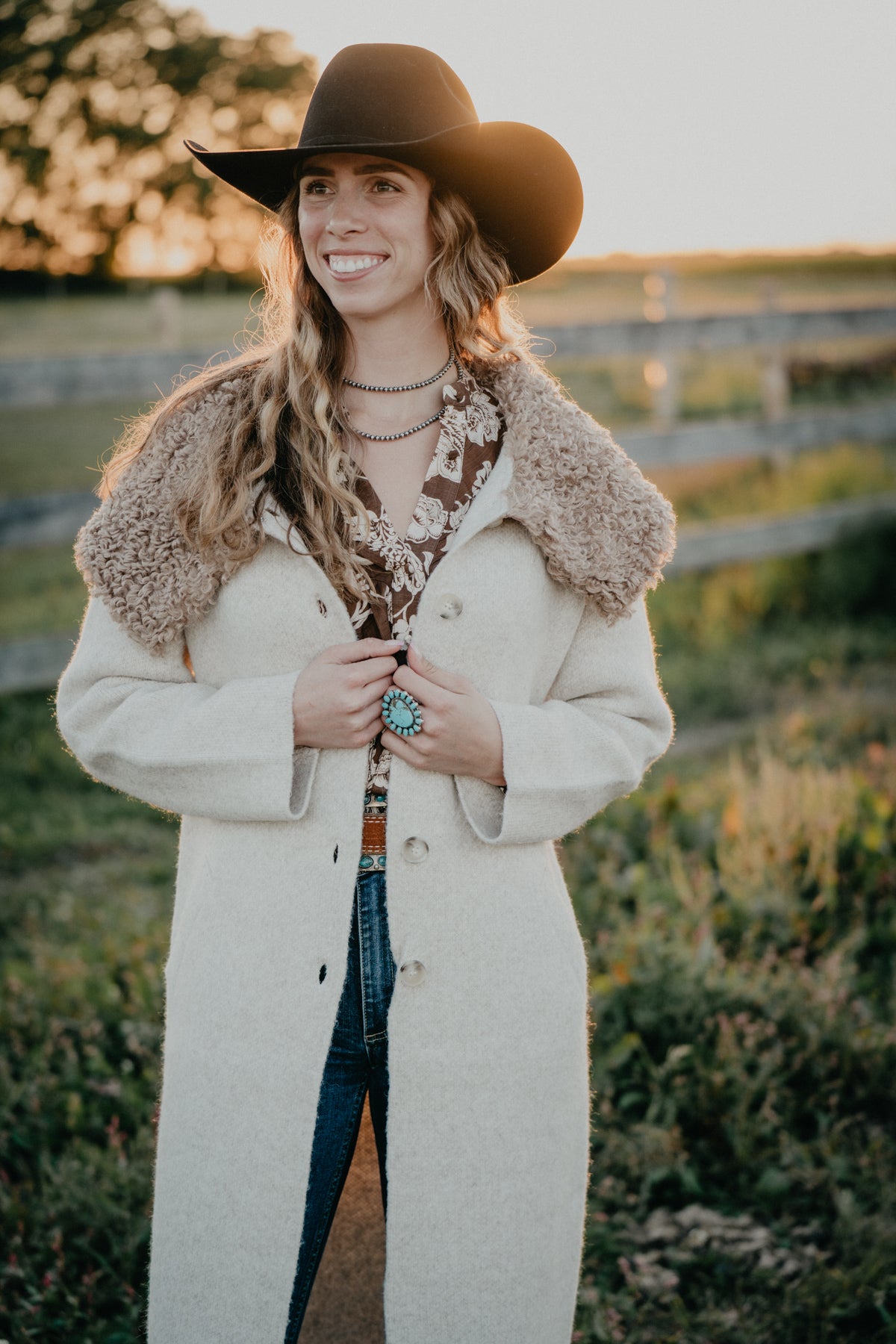 'Dakota' Oatmeal Duster Coat with Faux Fur Oversized Collar (XS-L)