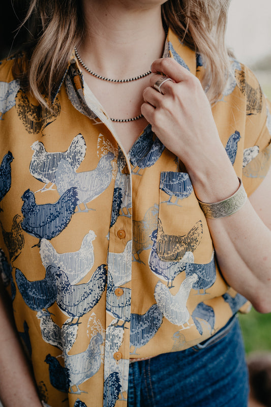 'Martha' Hen Printed Mustard Sleeve Collared Shirt (S - XXL)