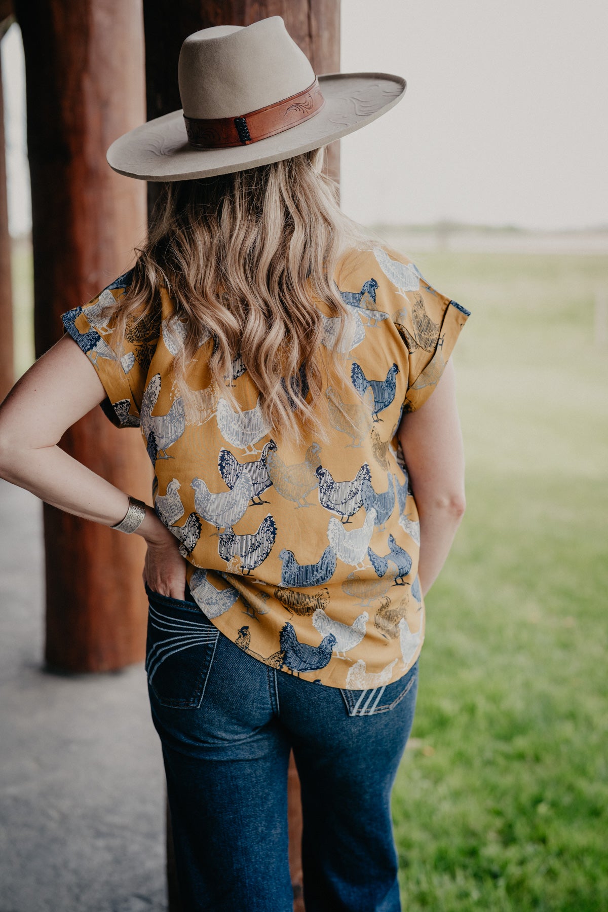 'Martha' Hen Printed Mustard Sleeve Collared Shirt (S - XXL)