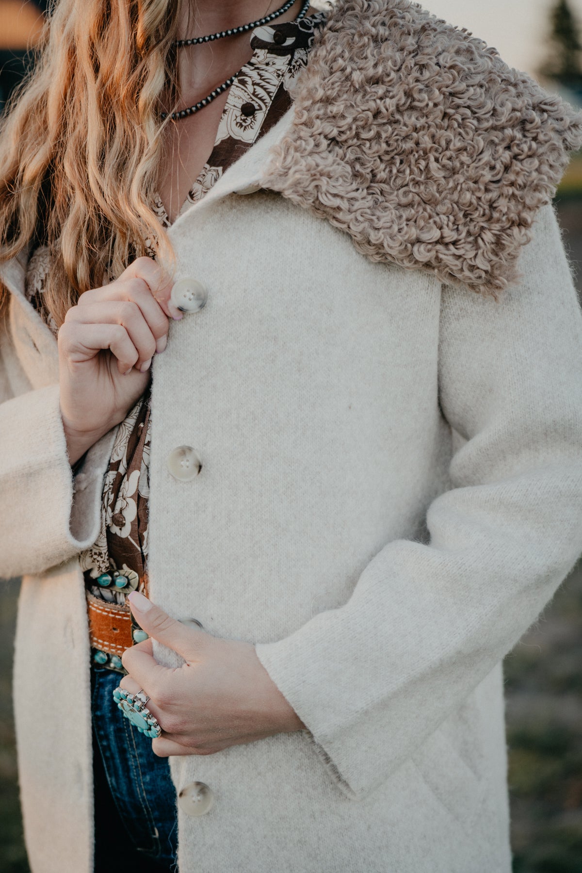 'Dakota' Oatmeal Duster Coat with Faux Fur Oversized Collar (XS-L)