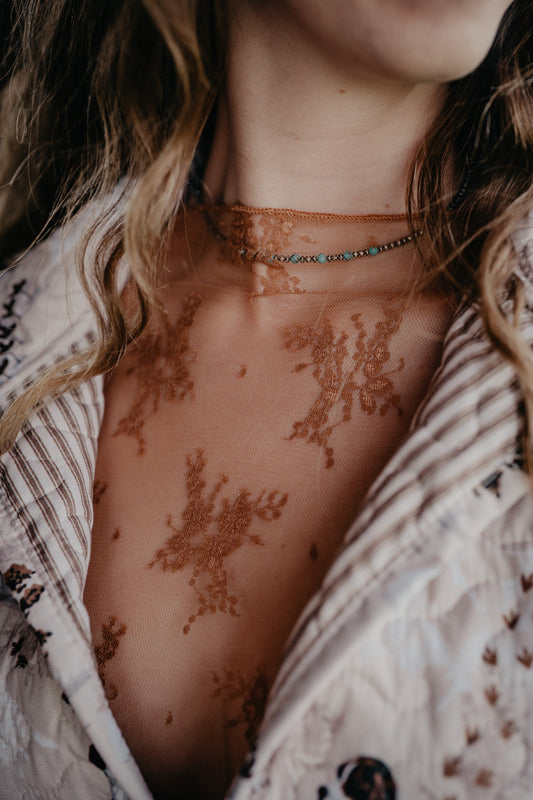 'Bonnie' Camel Brown Floral Lace Long Sleeve Top (S-L)