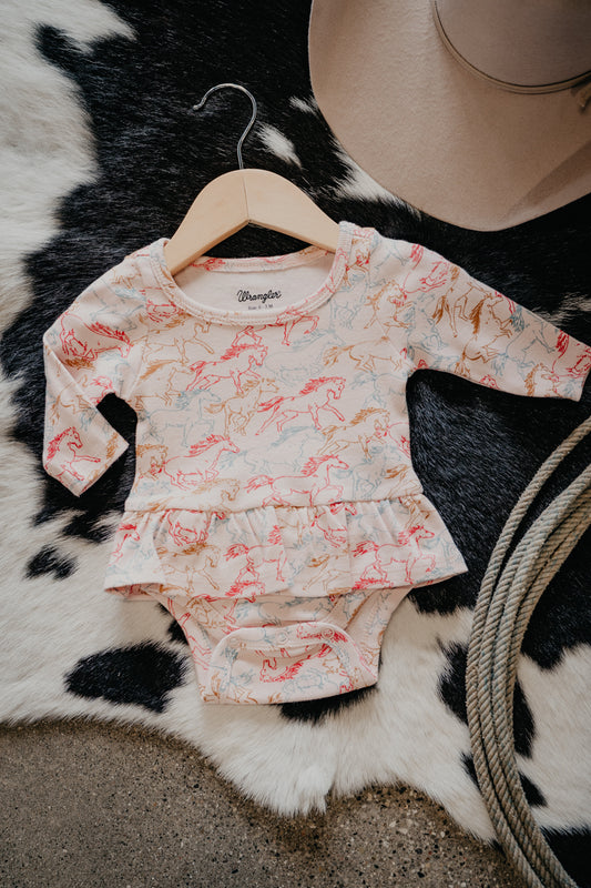 'Petra' Wrangler Baby Girl Long Sleeve Onesie Pink Horse (0-3M-24M)