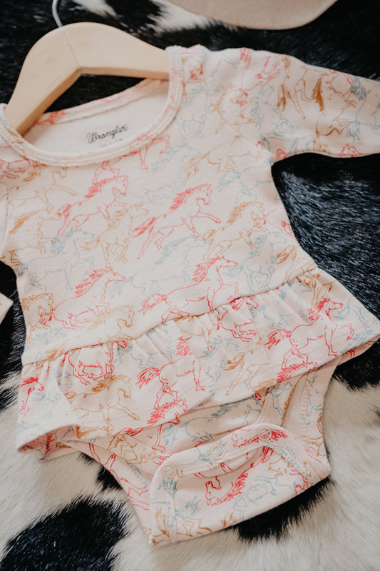 'Petra' Wrangler Baby Girl Long Sleeve Onesie Pink Horse (0-3M-24M)