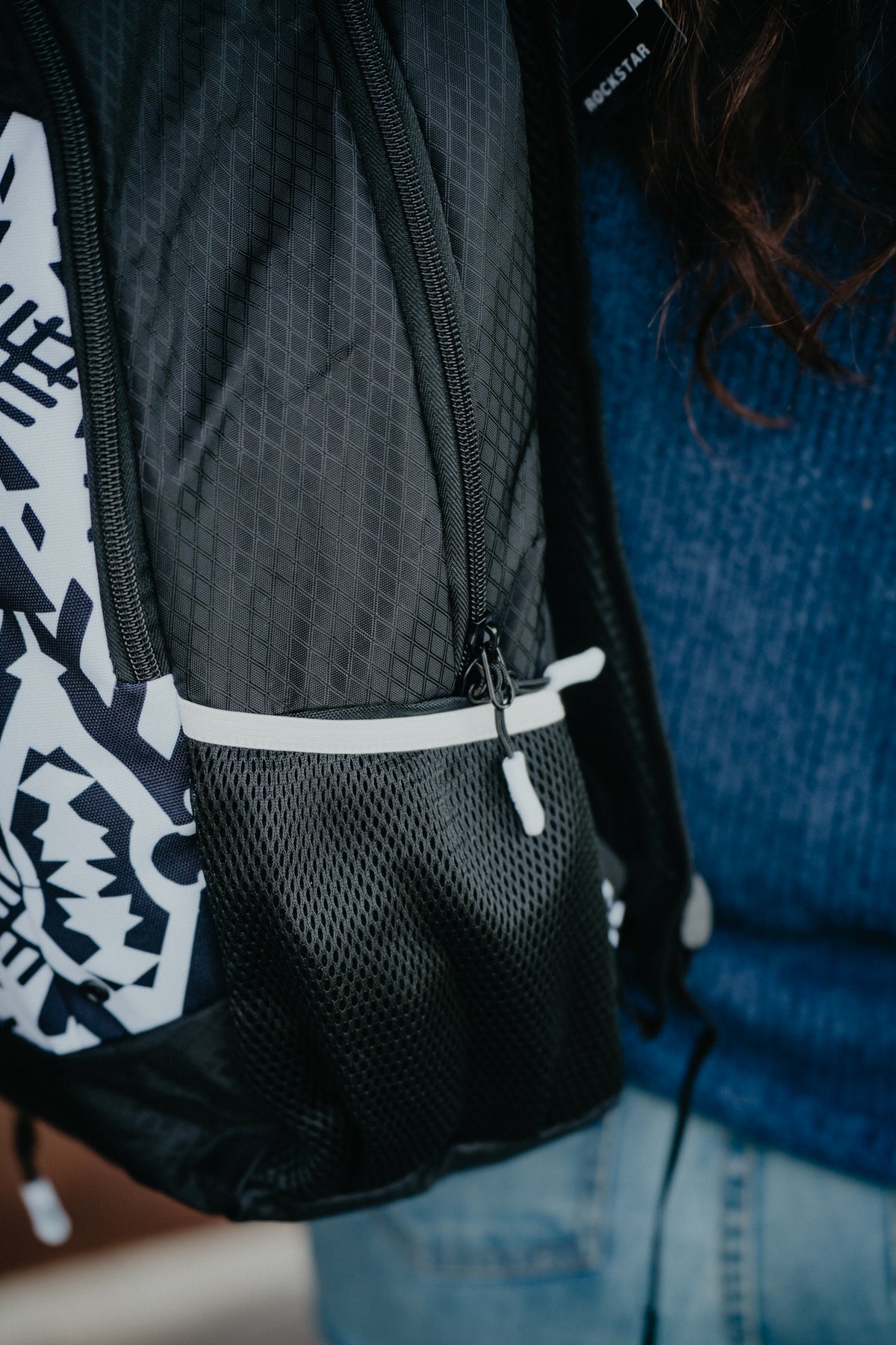 Rockstar Hooey Backpack Black/White Puebla Stone with Aztec Pattern