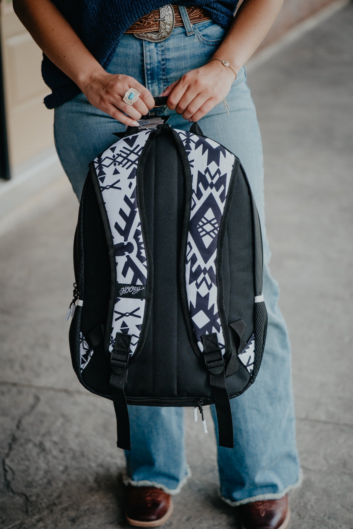Rockstar Hooey Backpack Black/White Puebla Stone with Aztec Pattern
