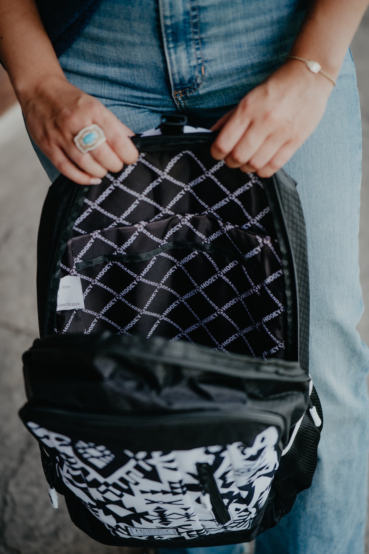 Rockstar Hooey Backpack Black/White Puebla Stone with Aztec Pattern