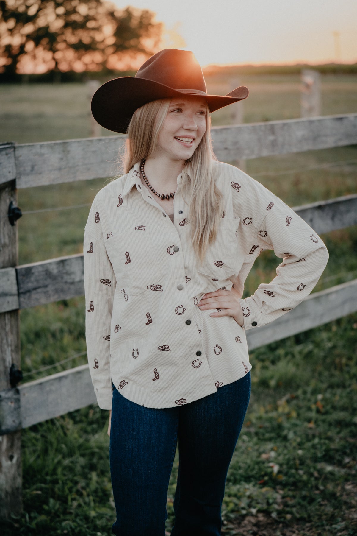 'Laine' Western Motif Embroidered Corduroy Shirt Jacket (2 Colours)