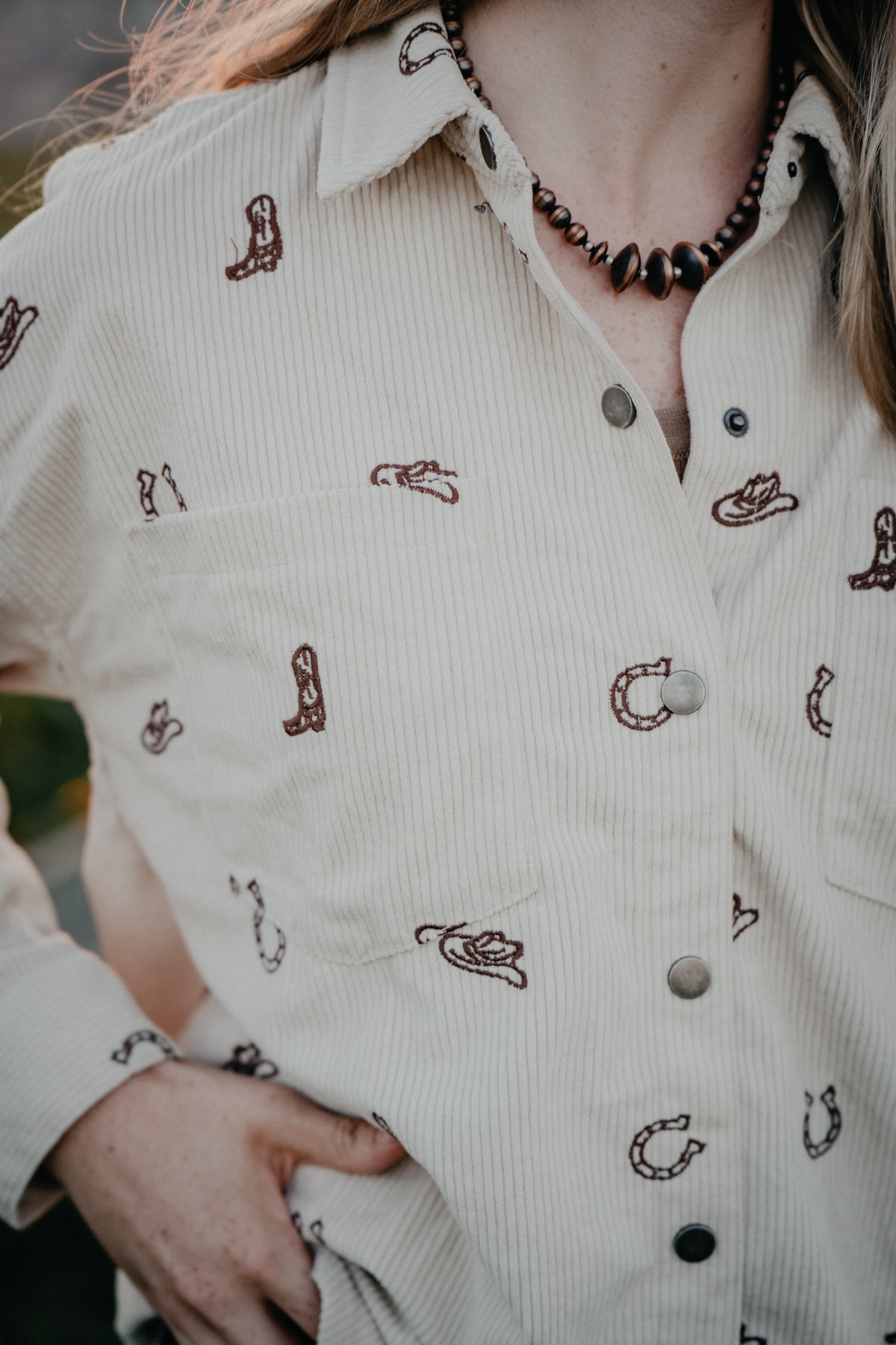 'Laine' Western Motif Embroidered Corduroy Shirt Jacket (2 Colours)