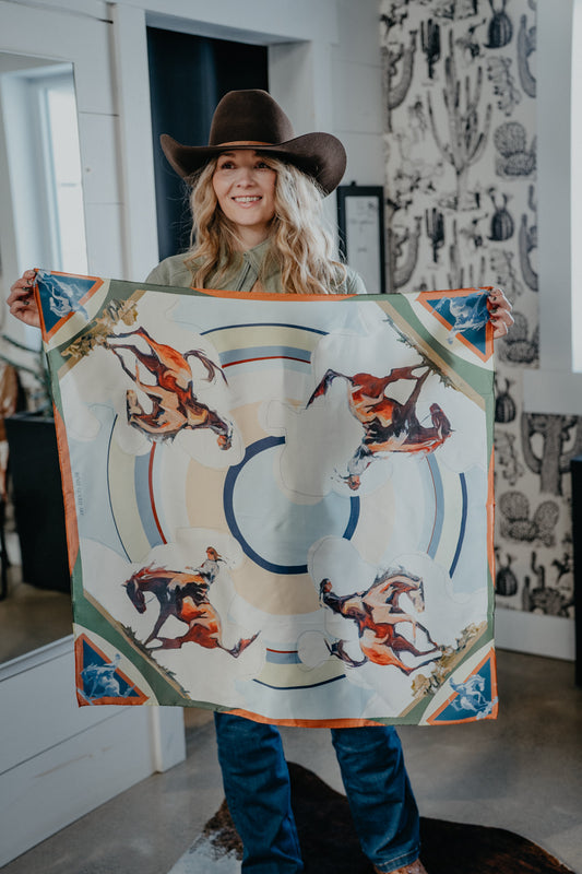 'Bronc in Blue Corners' Silk Wild Rag