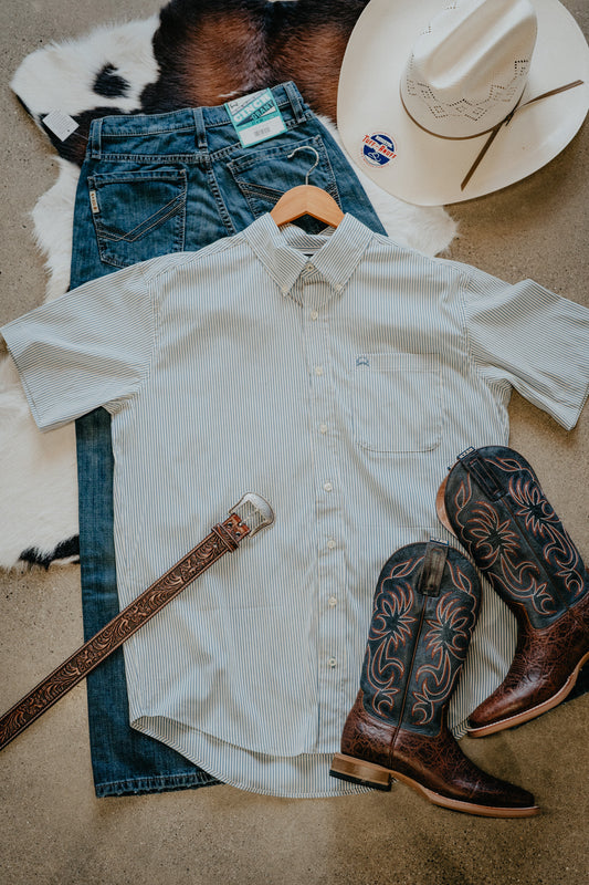 'Blake' Men's Short Sleeve Blue Printed ArenaFlex CINCH Button Down (XS-3XL)