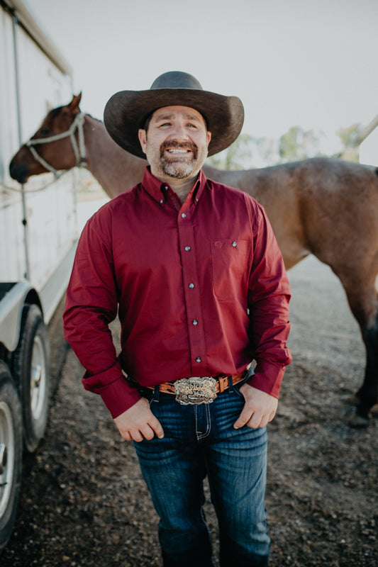 'James' Men's Wrangler Solid Burgandy George Strait Button Down Shirt (S-XXL)