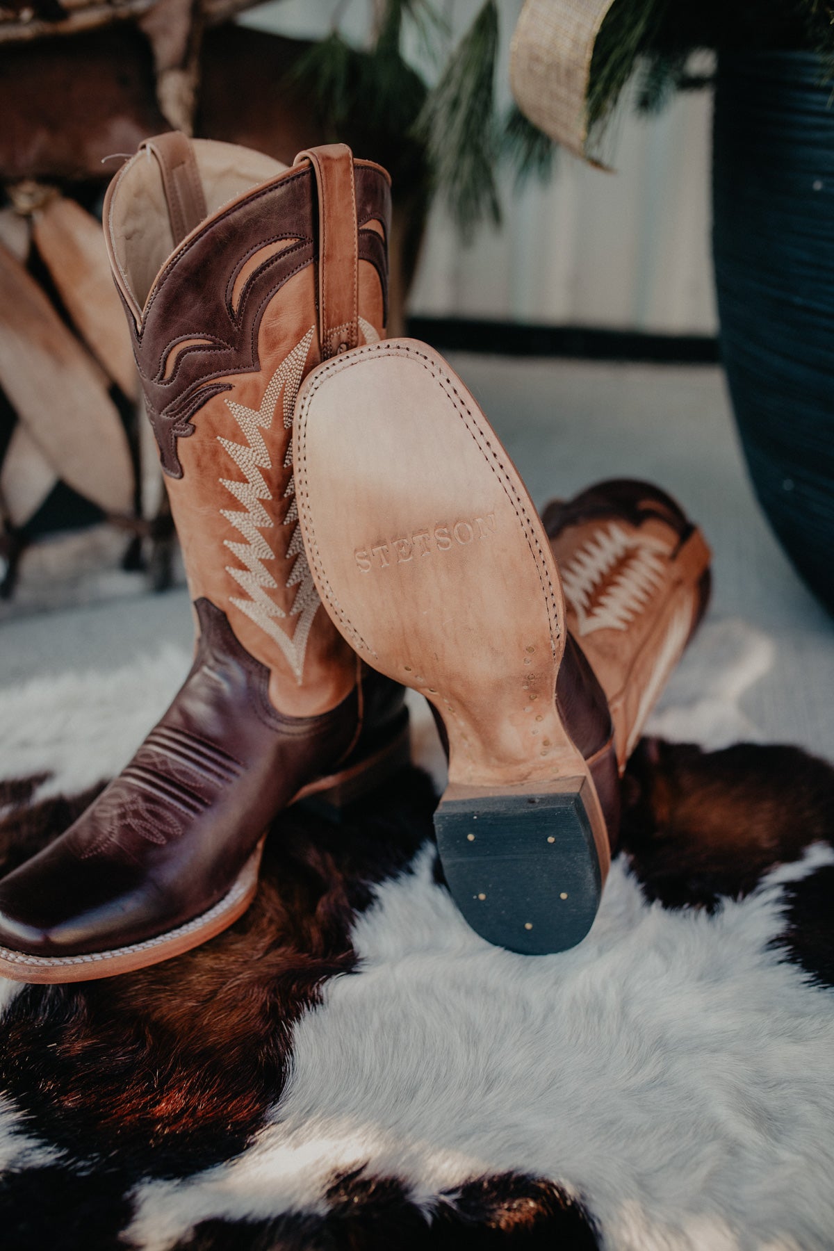 'Marion' Stetson Longhorn Wide Square Toe Cowboy Boot