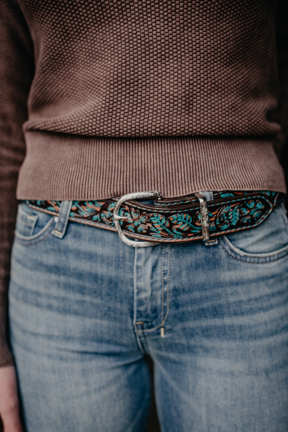 Brown Vintage Tooled Turquoise Leather Belt (Sizes 30-42)