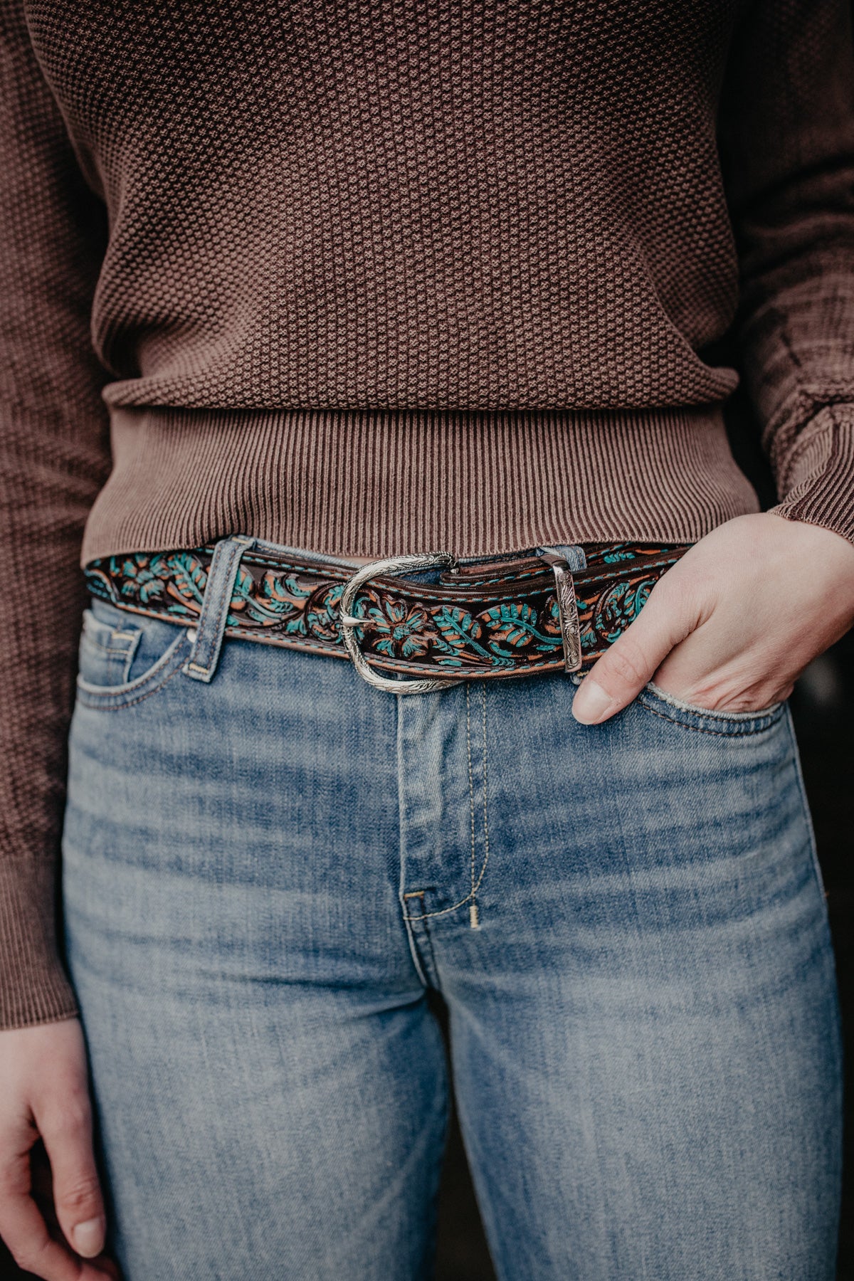 Brown Vintage Tooled Turquoise Leather Belt (Sizes 30-42)