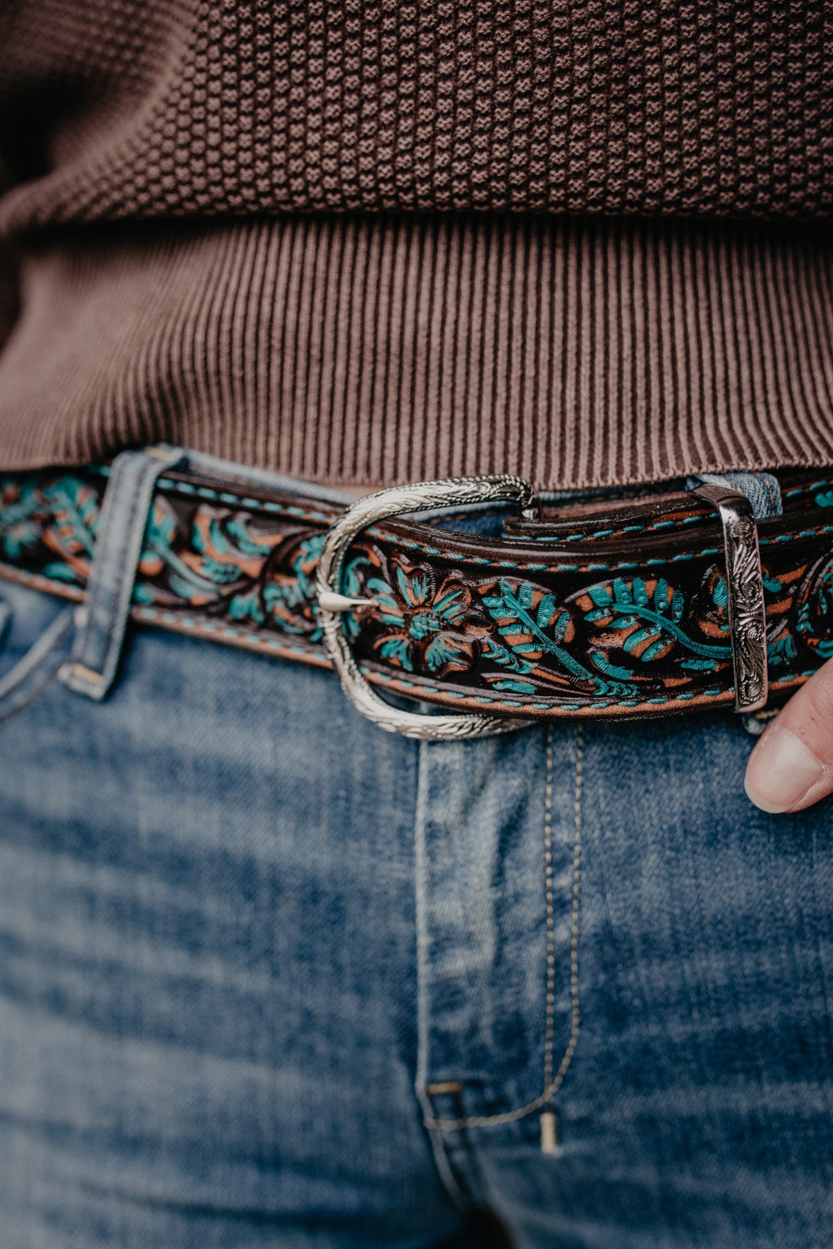Brown Vintage Tooled Turquoise Leather Belt (Sizes 30-42)