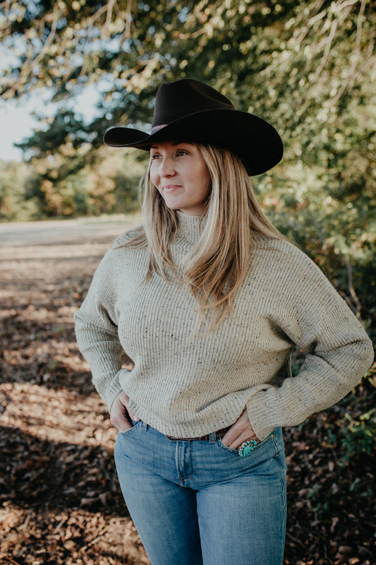 'Evolet' Heathered Oatmeal Mock Neck Sweater (XS-L)