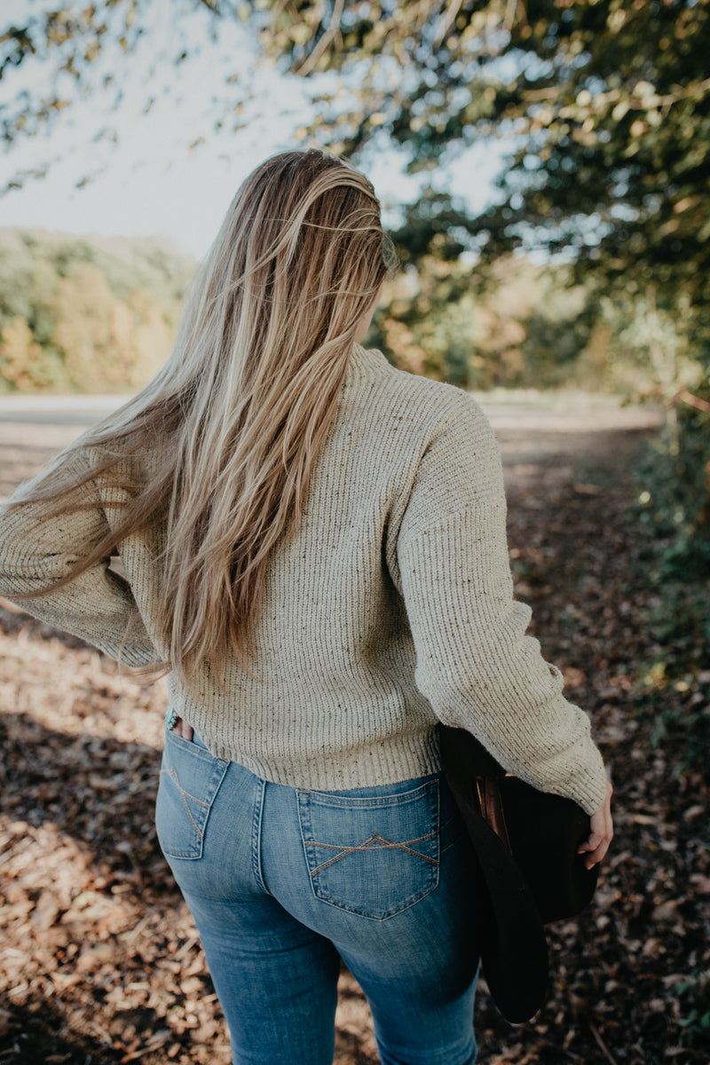 'Evolet' Heathered Oatmeal Mock Neck Sweater (XS-L)